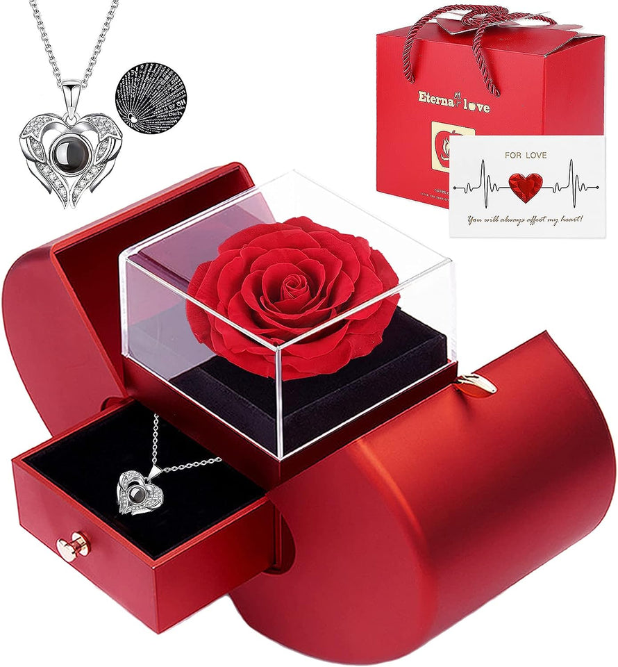 closeup of eternal rose jewelry box and its contents, the preserved rose