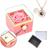 Rotating Natural Eternal Rose Jewelry Box With Necklace -  Pink-With-Necklace-Love-You-In-100-Languages