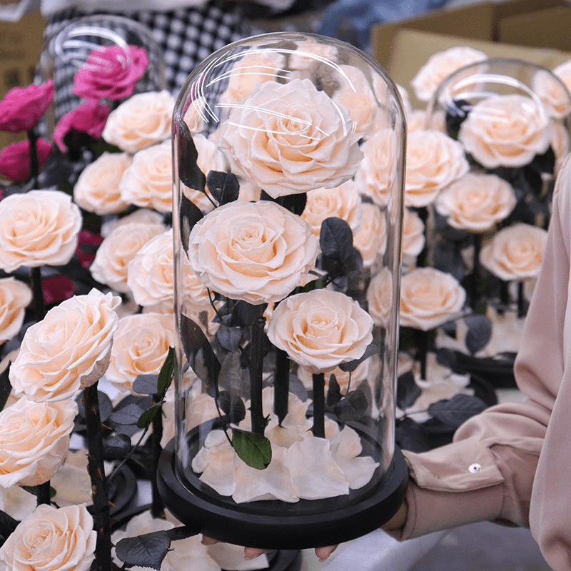 Preserved Natural Rose In Glass -  White-3-Roses
