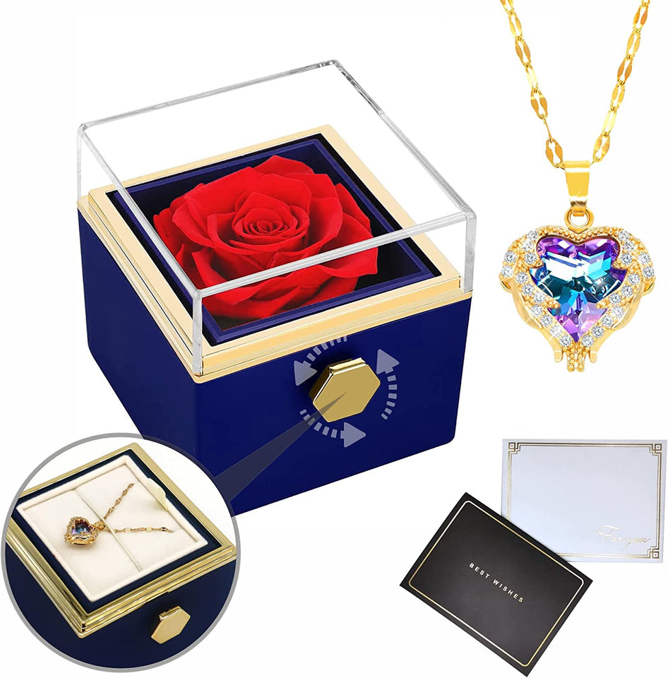 Natural Rose Jewelry Box With Necklace -  Royal-Blue