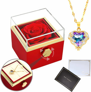 Rotating Natural Eternal Rose Jewelry Box With Necklace -  Pink-With-Necklace-Love-You-In-100-Languages