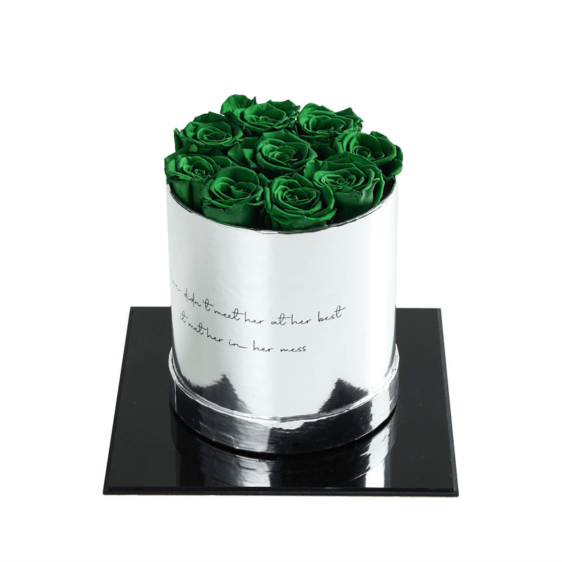 Luxury Round Silver Box Preserved Roses -  Green 