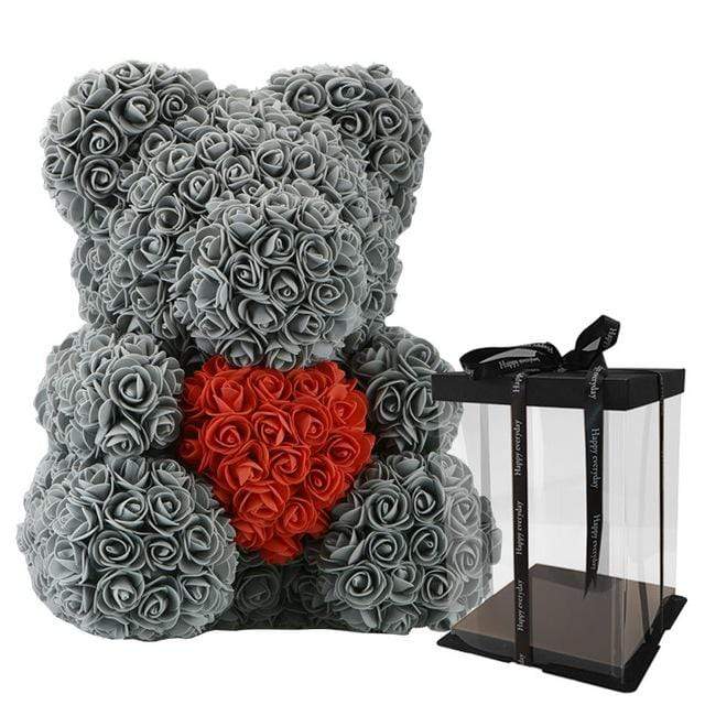 Luxury Rose Bear With Gift Box -  Grey-Red-Heart-16-40cm