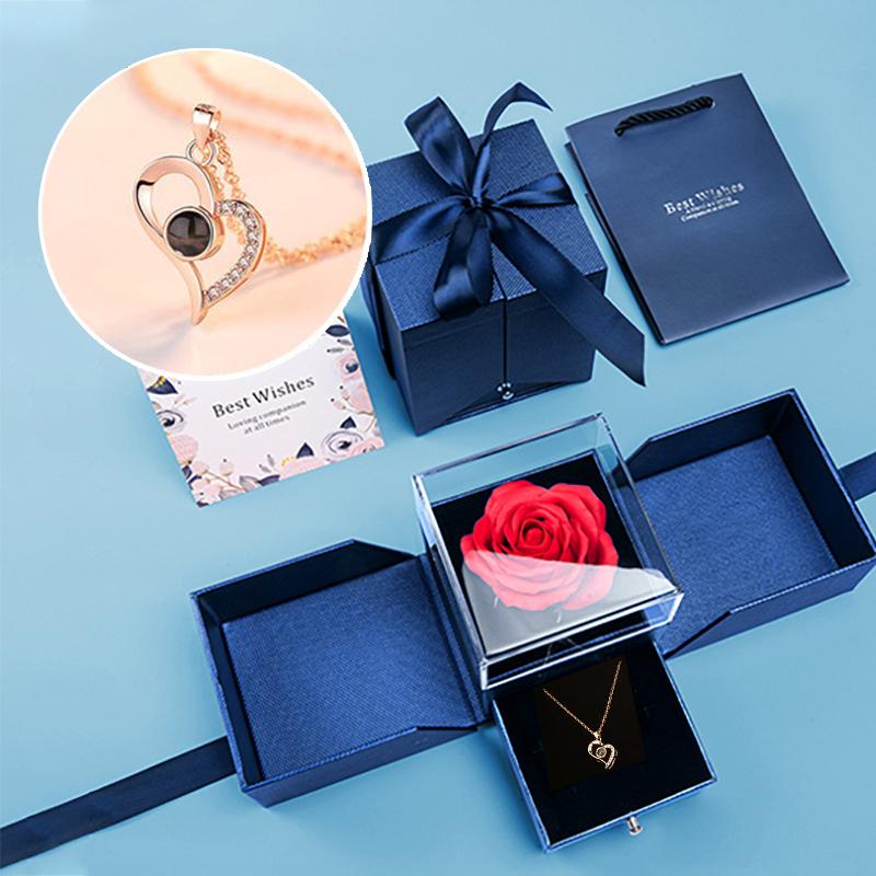 Jewelry Rose Box With "I Love You In 100 Languages" Necklace Royal Blue -  Royal-Blue-Box-With-Gold-Necklace