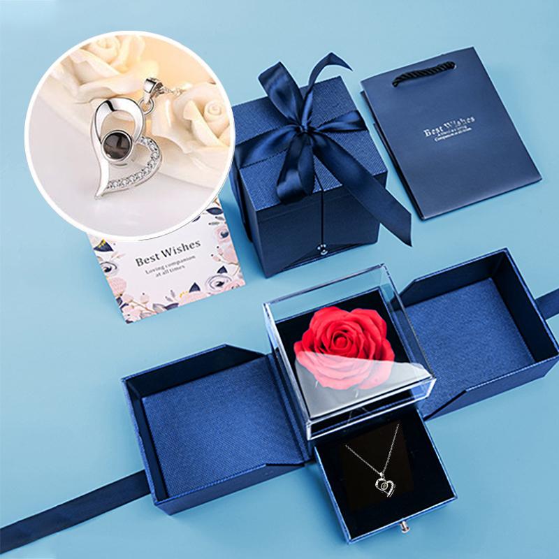 Jewelry Rose Box With "I Love You In 100 Languages" Necklace Royal Blue -  Royal-Blue-Box-With-Silver-Necklace