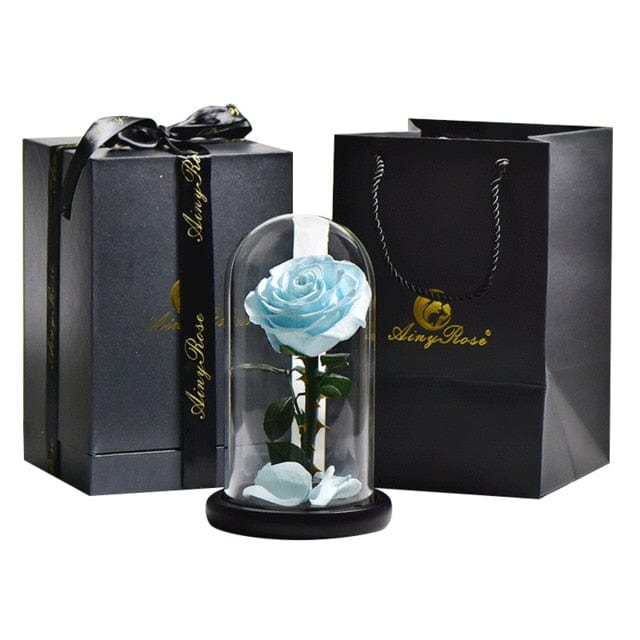 Natural Rose In Glass Dome + Gift Box -  Light-Blue