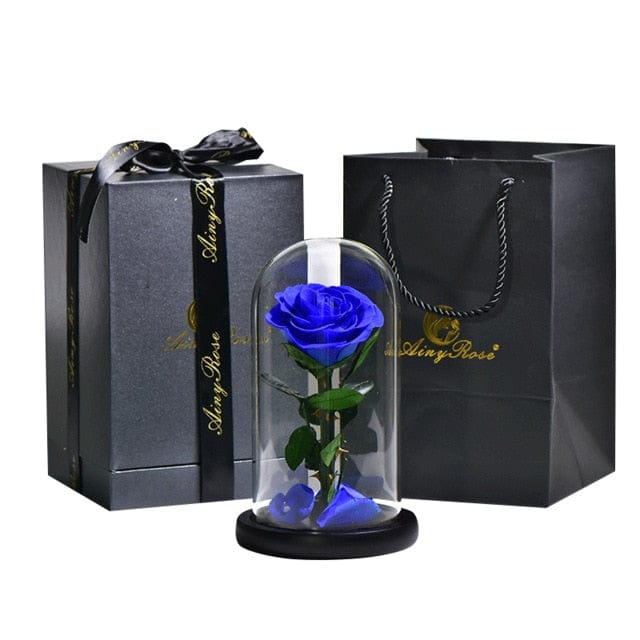 Preserved Natural Rose In Glass Dome + Gift Box -  Blue