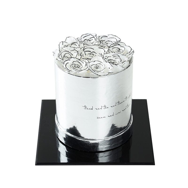 Luxury Round Silver Box Preserved Roses -  White 